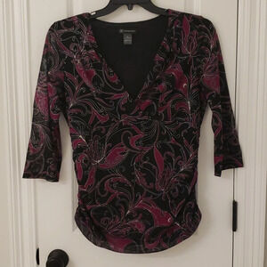 Inc Mesh Crossover Ruched Paisley Top Purple Black Silver